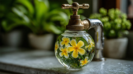 Artistic water tap features a spherical glass reservoir capturing delicate yellow and white plumeria flowers preserved in liquid with surrounding greenery visible.の写真素材