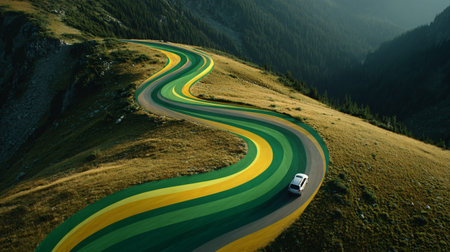 White SUV drives on a dramatically painted serpentine mountain road featuring alternating broad stripes of bright green and yellow across sunlit grassy slopes beside a forested ravine.の写真素材