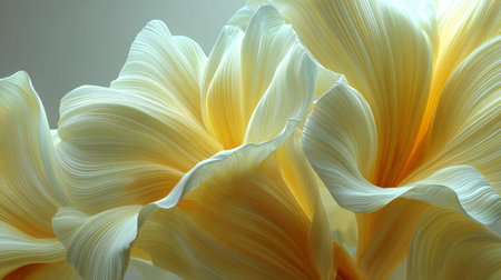 Ethereal macro photograph presents layered pale yellow and cream flower petals showing intricate linear texture illuminated by warm light creating a sense of flowing, organic abstraction suitable for serene design backgrounds.の写真素材