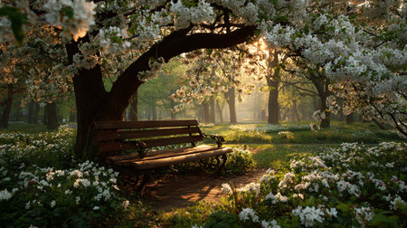 Bench in the park in spring with blooming apple trees and sunlightの写真素材