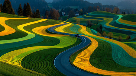 Rural landscape with winding road and fields of yellow and green colorの写真素材