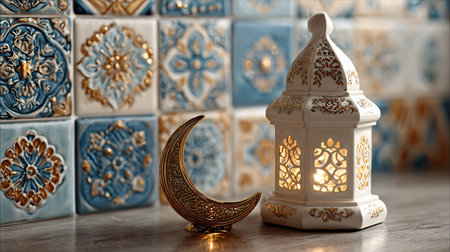 Ramadan Kareem. Arabic lantern and crescent on a wooden table.