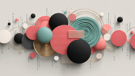 Dynamic abstract composition features vibrant three dimensional geometric shapes like textured coral discs smooth teal spheres matte black orbs and detailed gold concentric rings floating against a light neutral backdrop suggesting contemporary artistic wallpaper design.の写真素材