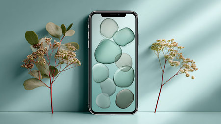 Smartphone mockup presents an abstract wallpaper featuring soft translucent teal and gray water-like shapes framed by two slender stems of contrasting foliage against a pale blue studio backdrop symbolizing minimalist digital nature integration.の写真素材