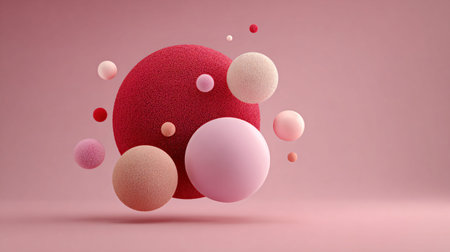Abstract composition showcases multiple three dimensional spheres exhibiting diverse textures...