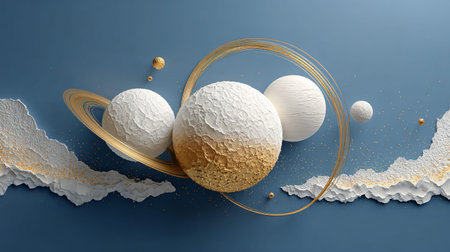 Abstract three dimensional artwork portrays textured white and gold planetary shapes suspended near...