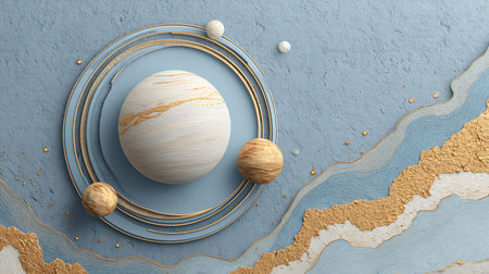 Abstract three dimensional artwork presents a central stylized planet texture surrounded by...