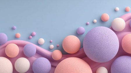 Three dimensional abstract composition showcases numerous textured spheres in soft pastel lavender pink and creamy white colors interwoven with a smooth pink flowing ribbon against a light blue surface ideal for modern cosmetic or celebratory design themes.の写真素材