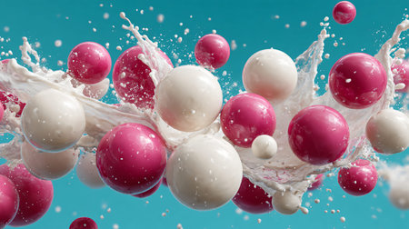 Numerous glossy pink and creamy white spheres explode outwards through a dramatic wave of splashing white liquid against a clear blue setting suggesting a refreshing food or candy product advertisement concept.の写真素材