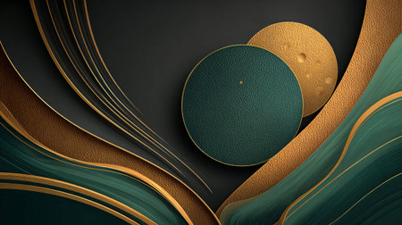 Abstract design showcases luxurious emerald green textured waves and layered gold metallic accents...