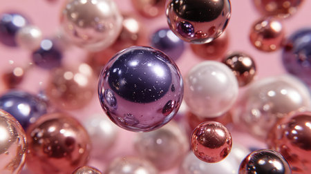 Shiny metallic spheres in diverse colors like purple rose gold and white appear to be suspended in...