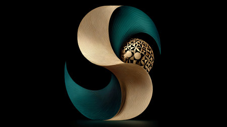 3d rendering of abstract geometric composition, golden sphere in the middle of spiral