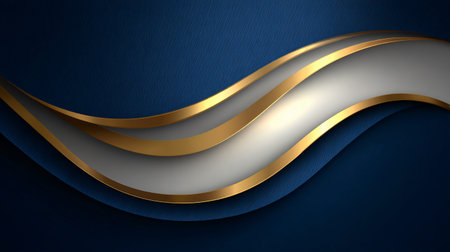 Abstract background showcases layered waving elements in deep blue textured fabric combined with shimmering metallic gold and smooth silver contours suggesting prestige and premium quality suitable for business needs.の写真素材