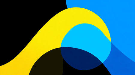Abstract background presents overlapping organic shapes in striking yellow cyan and dark blue tones suggesting motion and modern graphic design principles perfectly suitable for contemporary use.の写真素材