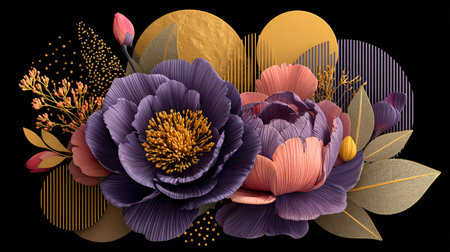 Luxurious floral arrangement showcases textured purple and peach peonies alongside sparkling gold circles and striped patterns creating a rich, high-contrast decorative element perfect for impactful design work.の写真素材