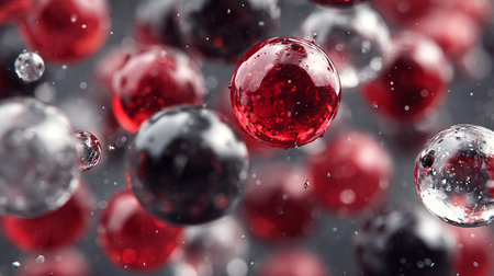 Macro photography captures dynamic translucent red and black spheres suspended in motion with tiny splashing droplets illustrating a beautiful abstract liquid composition suitable for modern backgrounds.の写真素材