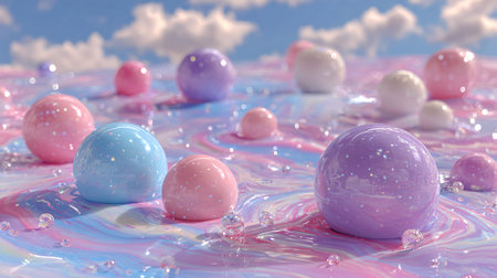 Colorful glossy spheres rest on a marbled pastel liquid surface creating a surreal and dreamy abstract composition against a bright background.の写真素材