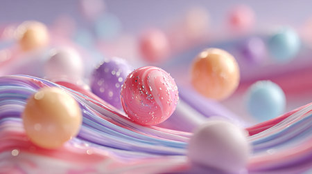 Spheres with varied textures rest upon swirling ribbons of pastel pink blue and lavender colors creating a whimsical and vibrant abstract background design perfect for celebration themes.の写真素材