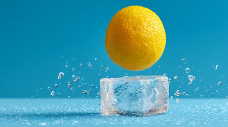 Single bright lemon hovers dramatically above a melting ice cube with water splashing outwards symbolizing intense freshness and coolness against a clear aqua backdrop.の写真素材