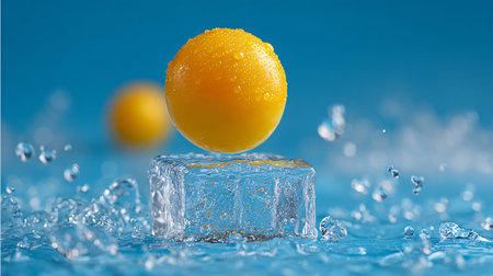 Vibrant yellow sphere covered in water droplets hovers over a crystalline ice cube surrounded by splashing liquid against a bright blue background suggesting chilling refreshment concepts.の写真素材