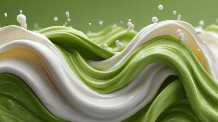 Vibrant white and green liquids swirl together in glossy waves creating a dynamic abstract food concept background with small droplets splashing upwards.の写真素材