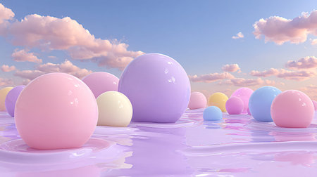 Many pastel glossy spheres in pink lavender blue and yellow dot a rippling lavender fluid plane beneath a soft blue sky creating a serene and imaginative digital art scene.の写真素材