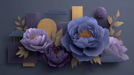 Three dimensional floral arrangement showcases intricately layered peony flowers in striking blue...