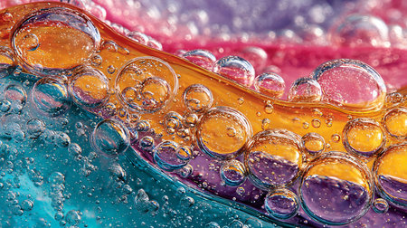 Macro photograph captures suspended oil and water bubbles in vivid, layered liquids displaying...