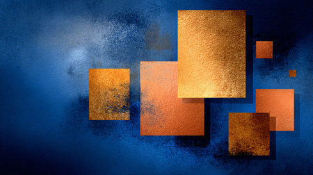 Abstract squares featuring metallic gold and copper textures overlay a vibrant deep blue background...