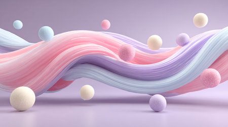 Abstract 3d background showcases flowing pastel ribbons in pink blue and lavender colors interspersed with textured glitter spheres floating above a smooth purple surface.の写真素材