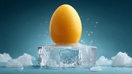 Bright yellow egg sits balanced on a transparent melting ice cube creating dramatic water splashes against a dark blue background suggesting cooling or careful storage.