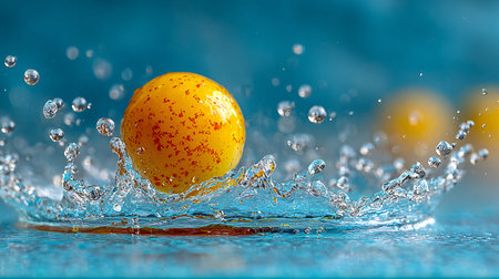 Yellow speckled fruit hits blue water surface frozen in time creating a magnificent splash crown with perfect clear droplets suspended against a bright turquoise background emphasizing motion and freshness.の写真素材