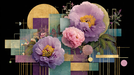 Beautiful peonies in purple and pink contrast sharply with layered teal and purple rectangles gold foil details and thin vertical lines against a deep black backdrop suggesting sophisticated elegance.の写真素材