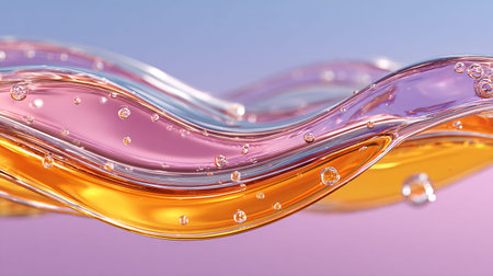 Abstract wave of multicolored, viscous liquid features internal bubbles suggesting a serum or cosmetic formulation flowing smoothly across the frame against a soft purple and blue backdrop.の写真素材