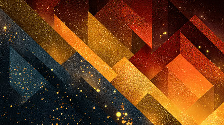 Abstract geometric composition displays overlapping diagonal shapes in deep navy shimmering gold and...