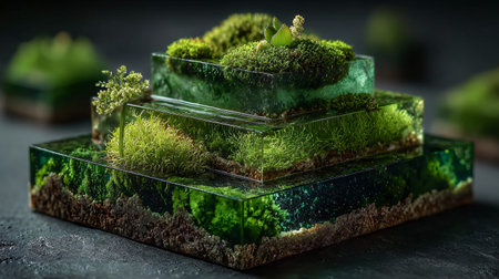 Miniature tiered landscape showcases lush green moss and small vegetation beautifully encapsulated...
