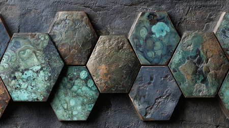 Hexagonal tiles displaying intense verdigris patina in shades of teal green and brown possess rough...