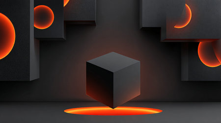 Abstract dark geometric stage showcases a central black cube levitating precisely over a fiery...