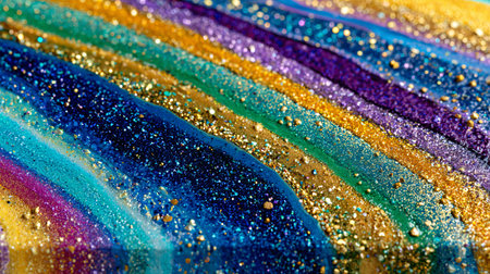 Abstract colorful glitter makeup displays dramatic diagonal stripes of vibrant blue gold teal and...