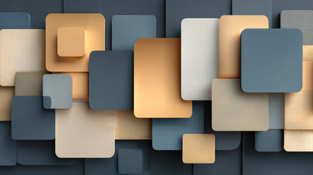 Abstract composition showcases overlapping three dimensional rounded rectangular panels displaying...