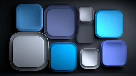 Collection of varied size and color soft rounded square interface application icons exhibiting...
