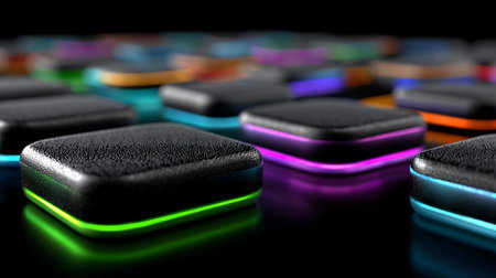 Close up view emphasizes the textured surface of individual square keyboard keys each glowing with...