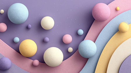 Delightful pastel colored three dimensional spheres rest upon curving layered surfaces creating a...