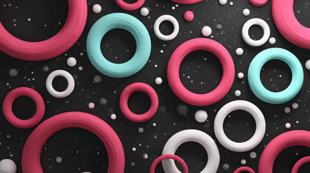 Abstract three dimensional rendering displays vibrant pink cyan and white torus shapes floating...
