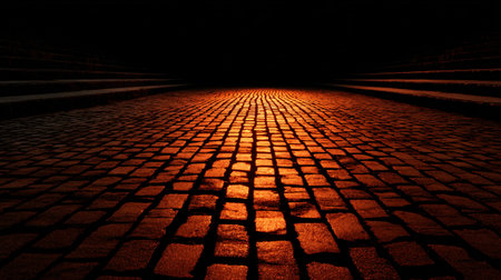 Wet cobblestone path glows with an intense warm orange light shining from an unseen source casting...