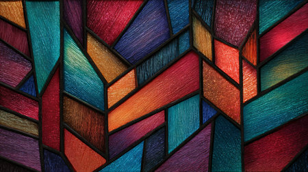 Vibrant abstract stained glass mosaic displays numerous richly textured geometric panels segmented...