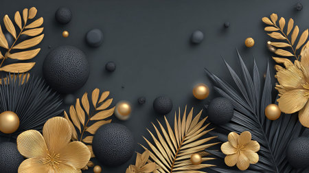 Luxurious abstract composition showcases rich gold metallic tropical leaves and stylized flowers mingling with dark textured spheres and smooth golden orbs, creating a sophisticated modern visual contrast perfect for elegant banner presentations or premium wallpaper backgrounds.の写真素材