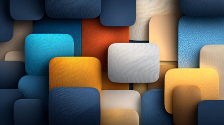 Abstract three dimensional composition features numerous overlapping rounded rectangles exhibiting...