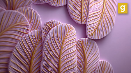 Abstract composition features numerous layered three dimensional stylized soft purple feather forms showcasing intricate golden ribbed details providing a luxurious and elegant textured background perfect for upscale decoration or modern artistic wallpaper concepts.の写真素材