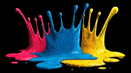 Vivid magenta blue and yellow liquid paint splashes rise dramatically forming distinct crown-like...